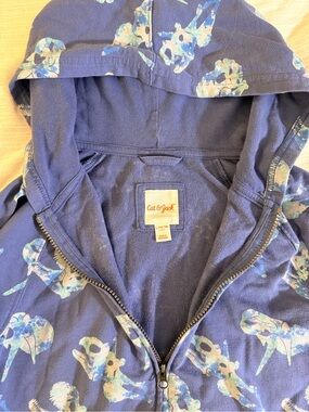 Cat & Jack Navy Blue Hooded Jacket with Light Blue Animal Print (Size: 12/14)